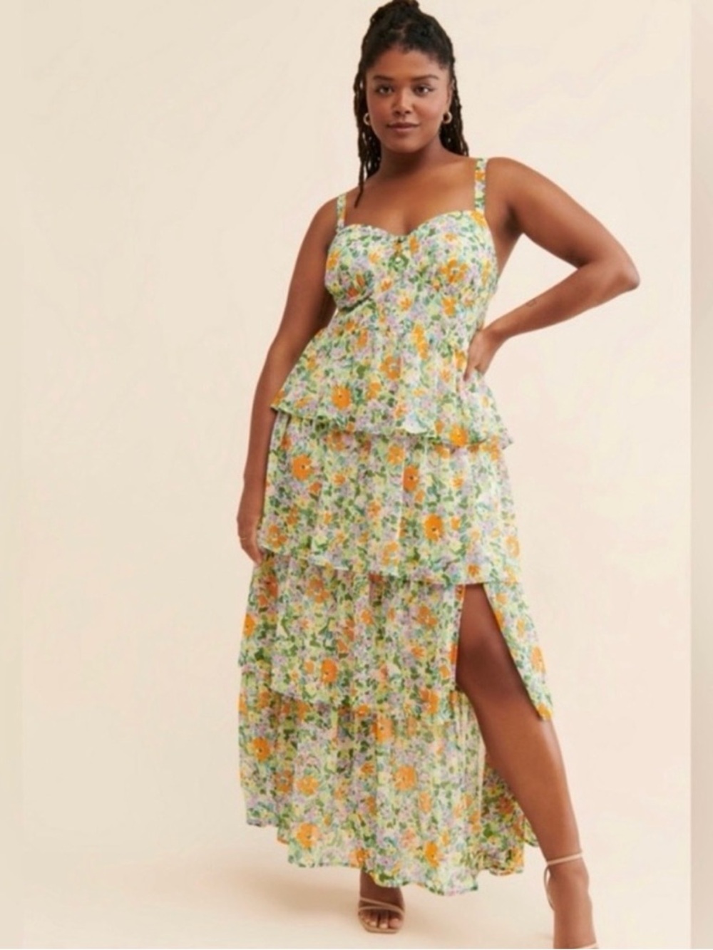 Astr Floral Tiered Maxi Dress in Yellow and Green